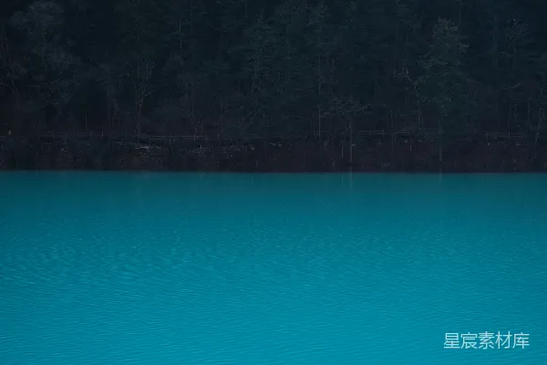 高清摄影 碧蓝的水面映衬着深色的森林背景
