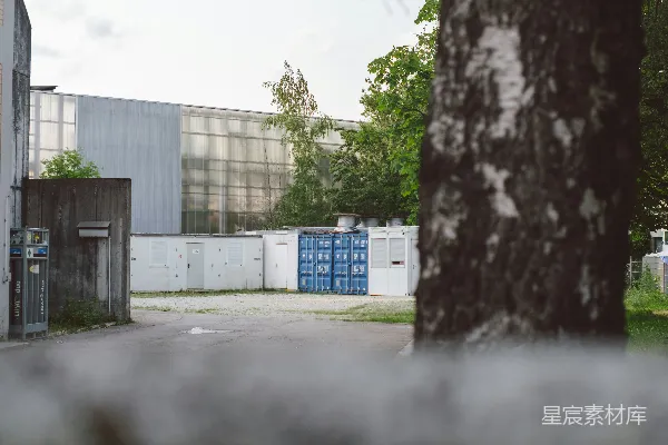 高清摄影 一幢有很多窗户的建筑紧挨着一棵树。