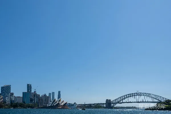 高清摄影 悉尼港桥和天际线在蓝天的映衬下。