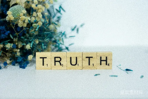 高清摄影 一块木制的方块，上面写着“truth”，旁边是一束鲜花。