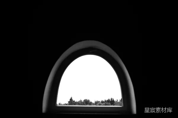 高清摄影 一扇窗户映照着蓝天中的树木。