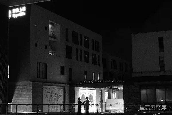 高清摄影 一对夫妇站在建筑物前的夜晚。