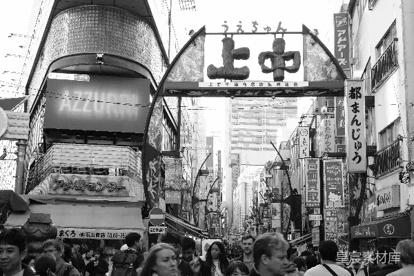 高清摄影 一张黑白照片，展示了一条拥挤的城市街道。