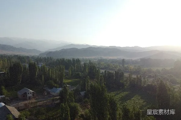 高清摄影 雾蒙蒙的景观，有树木和建筑物。