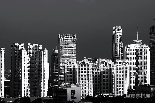 高清摄影 一张黑白照片，展示了一个城市的天际线。