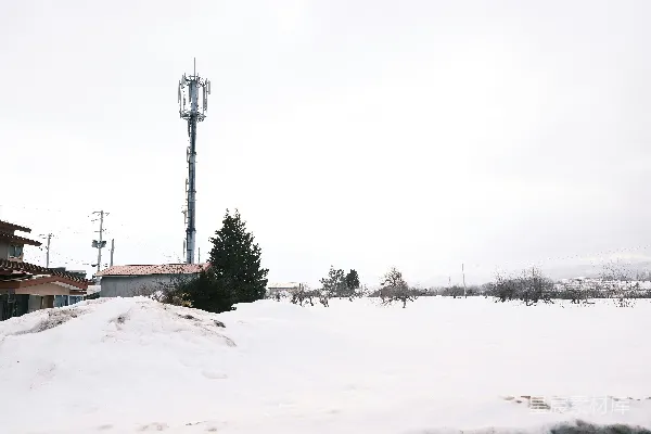 高清摄影 被雪覆盖的景观，有一座高大的通信塔。