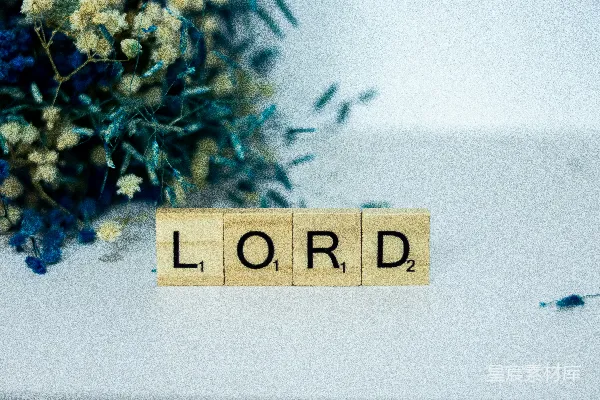 高清摄影 一个拼字游戏方块拼出单词“lord”旁边的花束。