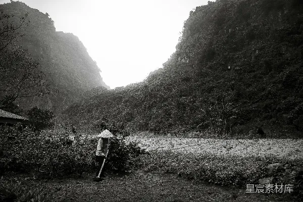 高清摄影 一个农夫在山间的谷地里工作。