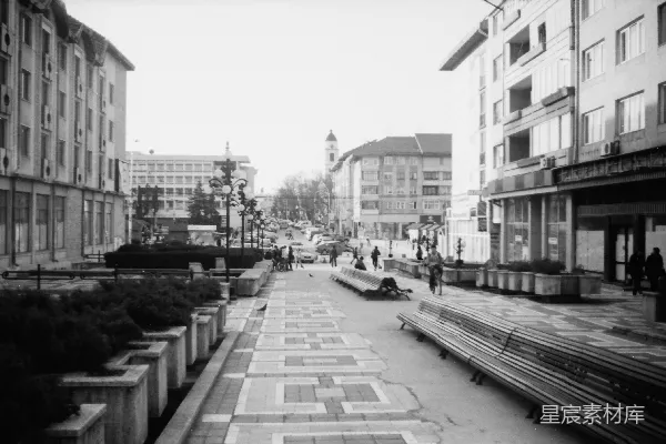 高清摄影 一张黑白照片，展示了一条城市街道。