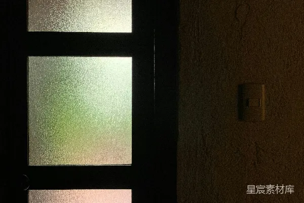 高清摄影 一扇有磨砂玻璃面板的暗色门廊。
