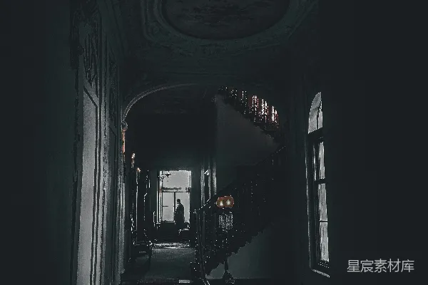 高清摄影 一条昏暗的走廊，通向另一房间的楼梯。