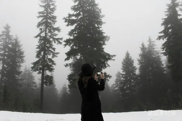 高清摄影 女人在被树木环绕的雪地里拍照