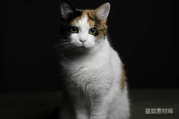 高清摄影 一只白橙相间的猫在棕色的木桌上。