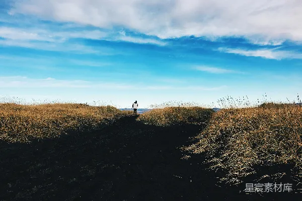 高清摄影 一个人站在绿色草地上，天空是蓝天白云，白天的景象。