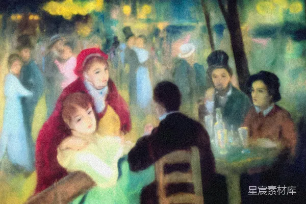 高清摄影 一幅画中一群人在桌子周围坐着。