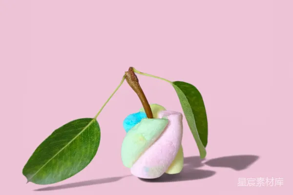 高清摄影 粉色背景上的绿色叶子和果冻般的淡彩水果。