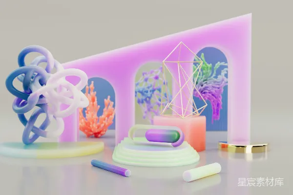 高清摄影 抽象的淡色3D形状，带有发光元素和建筑形式。