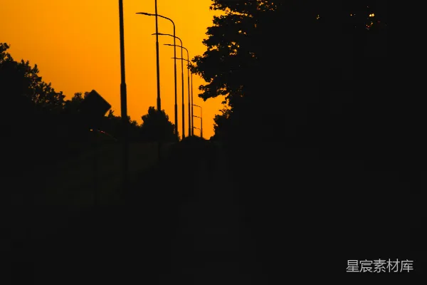高清摄影 夕阳正从一排街灯后面落下。