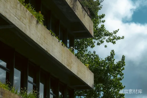 高清摄影 粗野主义建筑，带有阳台和绿色植物