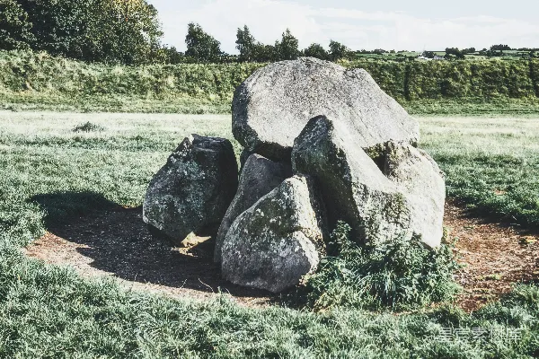 高清摄影 一块大石头坐落在郁郁葱葱的绿地上。