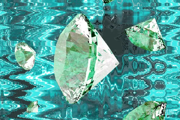 高清摄影 几颗清澈的钻石漂浮在蓝绿色波纹背景上。