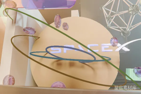 高清摄影 抽象设计，带有SpaceX文字、几何形状和悬浮元素。