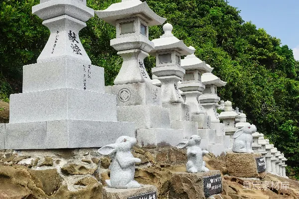 高清摄影 一群白色的雕像坐在岩石山坡上。