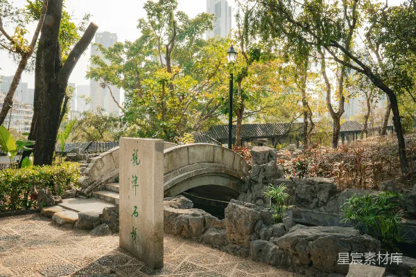 高清摄影 石桥和石碑位于郁郁葱葱的城市公园中。