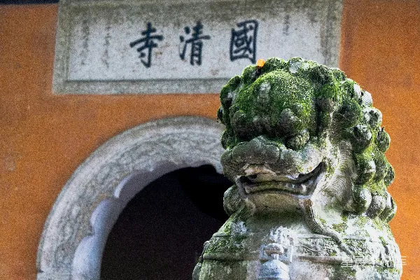 高清摄影 一座长满苔藓的石狮守卫着一座古庙的入口。