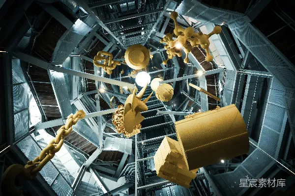 高清摄影 金色的雕塑悬挂在现代工业建筑内部。