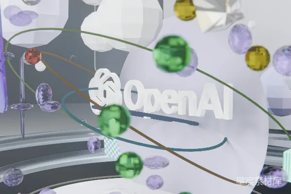 高清摄影 OpenAI标志周围环绕着彩色的3D形状和线条。