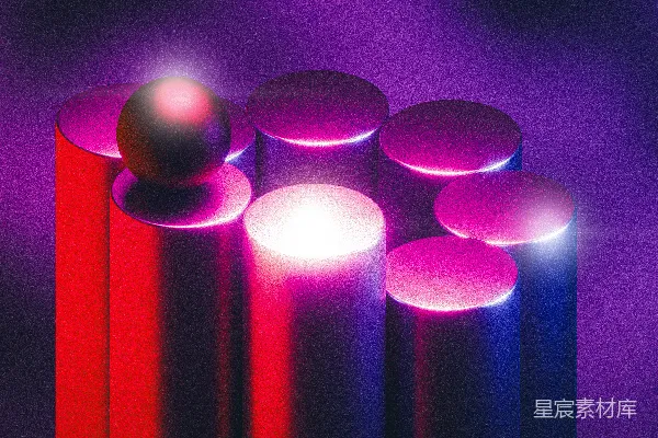 高清摄影 五彩缤纷的圆柱体和球体在黑暗中发光。