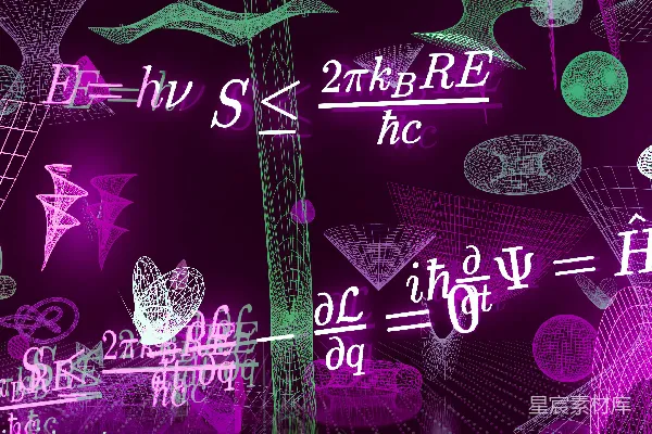 高清摄影 抽象的科学方程式和形状在鲜艳的紫色和绿色中呈现。