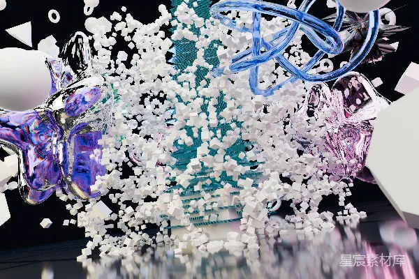 高清摄影 白色粒子的爆炸和彩色几何图形的抽象表现。