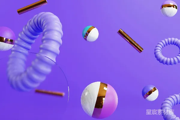 高清摄影 抽象的三维形状漂浮在紫色的空间中。