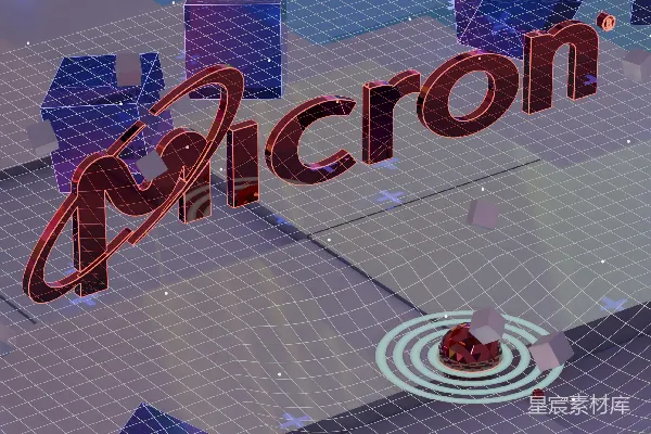高清摄影 微美克（Micron）标志在一个未来风格的数字网格中，带有浮动的立方体。