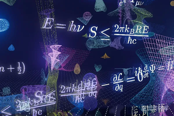 高清摄影 在黑暗的背景上，闪烁着科学公式和抽象形状。