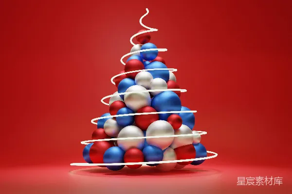 高清摄影 在红色背景上，有一棵红、白、蓝相间的圣诞树。
