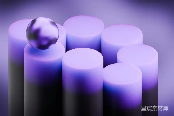 高清摄影 一个金属球放在一个紫色的圆柱体上。