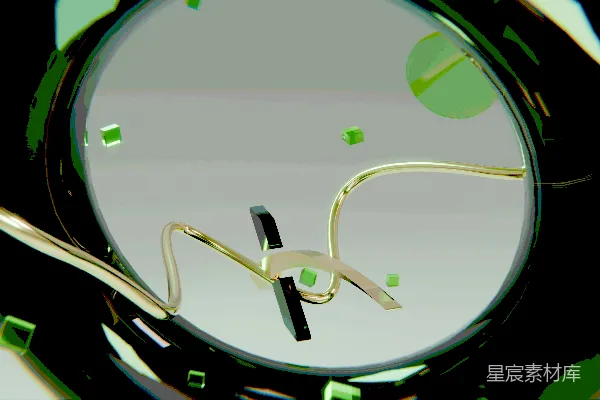 高清摄影 抽象的暗色环，波浪形的金色线条，以及分散的绿色球体。
