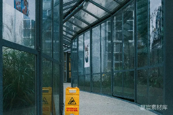 高清摄影 一个有警示标志的玻璃走廊。