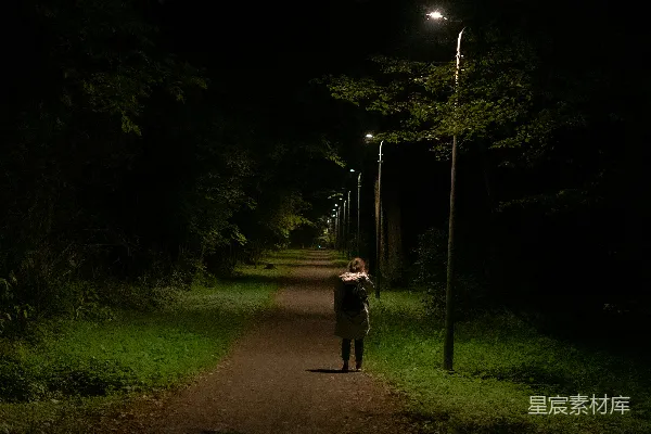 高清摄影 一个人在夜间沿着一条小路行走。