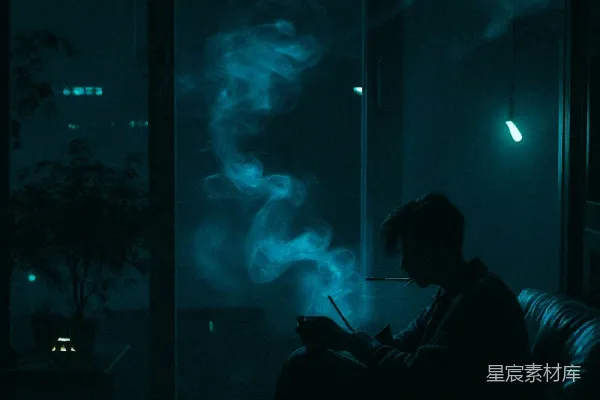 高清摄影 一个男人坐在昏暗房间里的一张沙发上。
