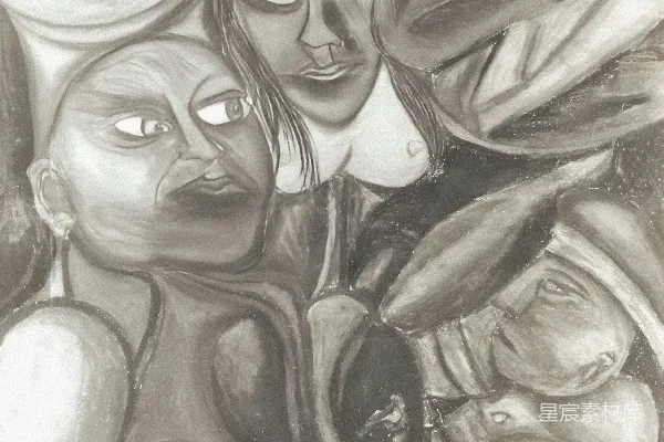 高清摄影 抽象的木炭画，描绘了多个面孔和手。