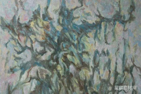 高清摄影 抽象画，带有淡蓝色和绿色调，仿佛错综复杂的树枝。