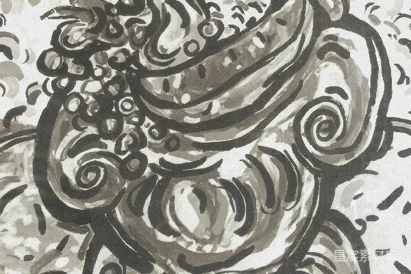 高清摄影 一幅风格化的画，描绘了一个装有香蕉和葡萄的水果篮。