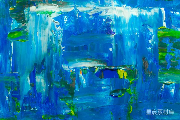 高清摄影 一幅蓝色和绿色的水彩画，画中有鱼。