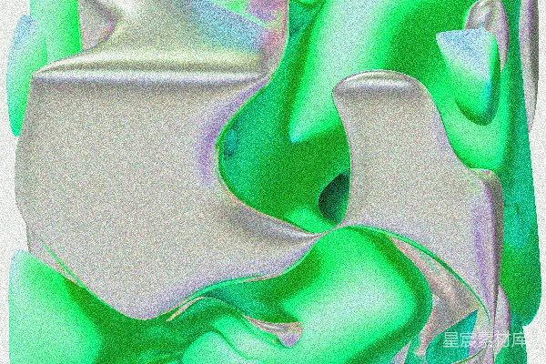 高清摄影 抽象的金属雕塑，带有绿色和银色的虹彩表面。