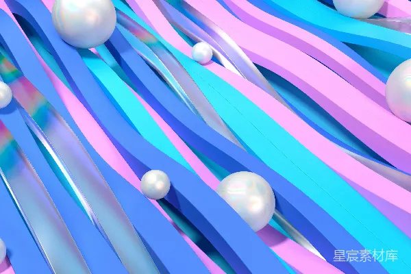 高清摄影 一群白色球体漂浮在蓝粉彩带之上