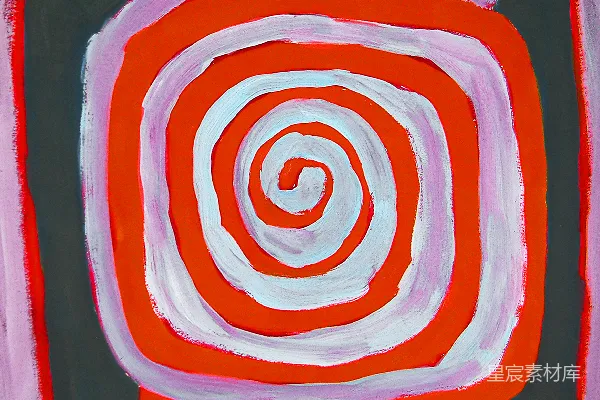 高清摄影 抽象的红、白、粉螺旋画作，背景为深色。